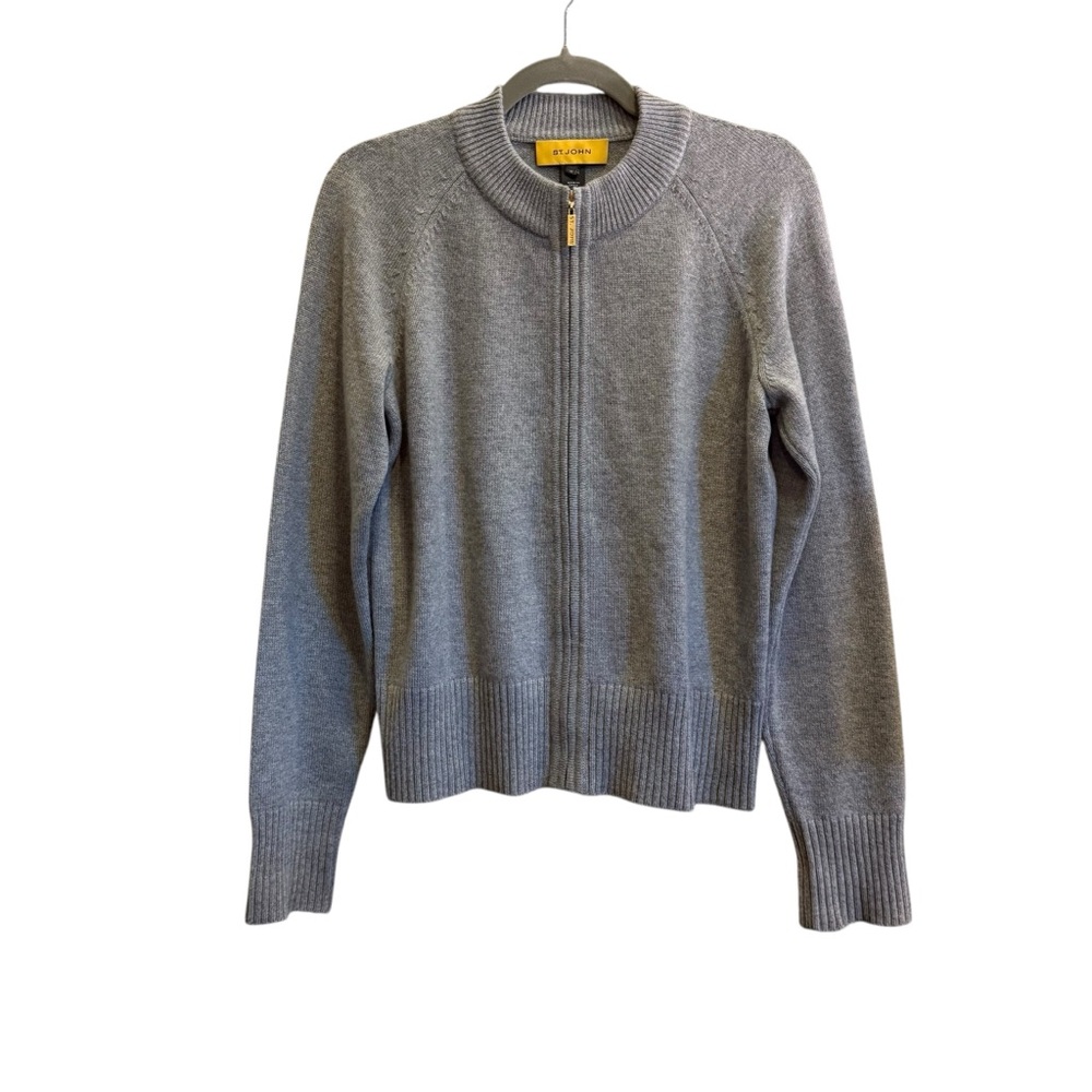 St. John Light Gray 100% Cashmere Full Zip Yellow Label Cardigan Sz M